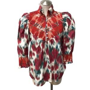 Hope for Flowers Tracy Reese Blouse Womens S Red Ikat Smocked Puff Sleeve NEW